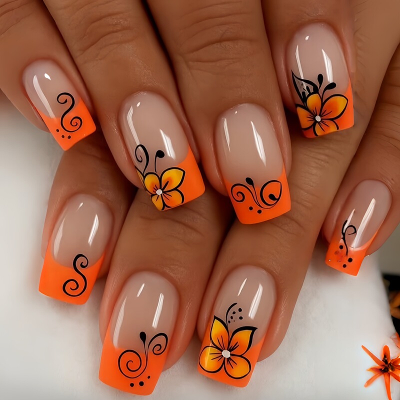 Orange Floral French-Style Press-On Nails, Floral Curl-Patterned Fake Nails, European and American Fashion Detachable Press-On Nails Orange Floral French-Style Press-On Nails, Floral Curl-Patterned Fake Nails, European and American Fashion Detachable Press-On Nails