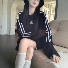 三叶草纯棉长袖卫衣男女春秋季上衣情侣三条杠休闲宽松套头打底衫