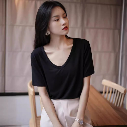 Summer Pure Desire V-Neck Casual Hot Girl Loose T-Shirt Stylish Cover Meat Correct Shoulder Short Sleeve Women's Base Layer