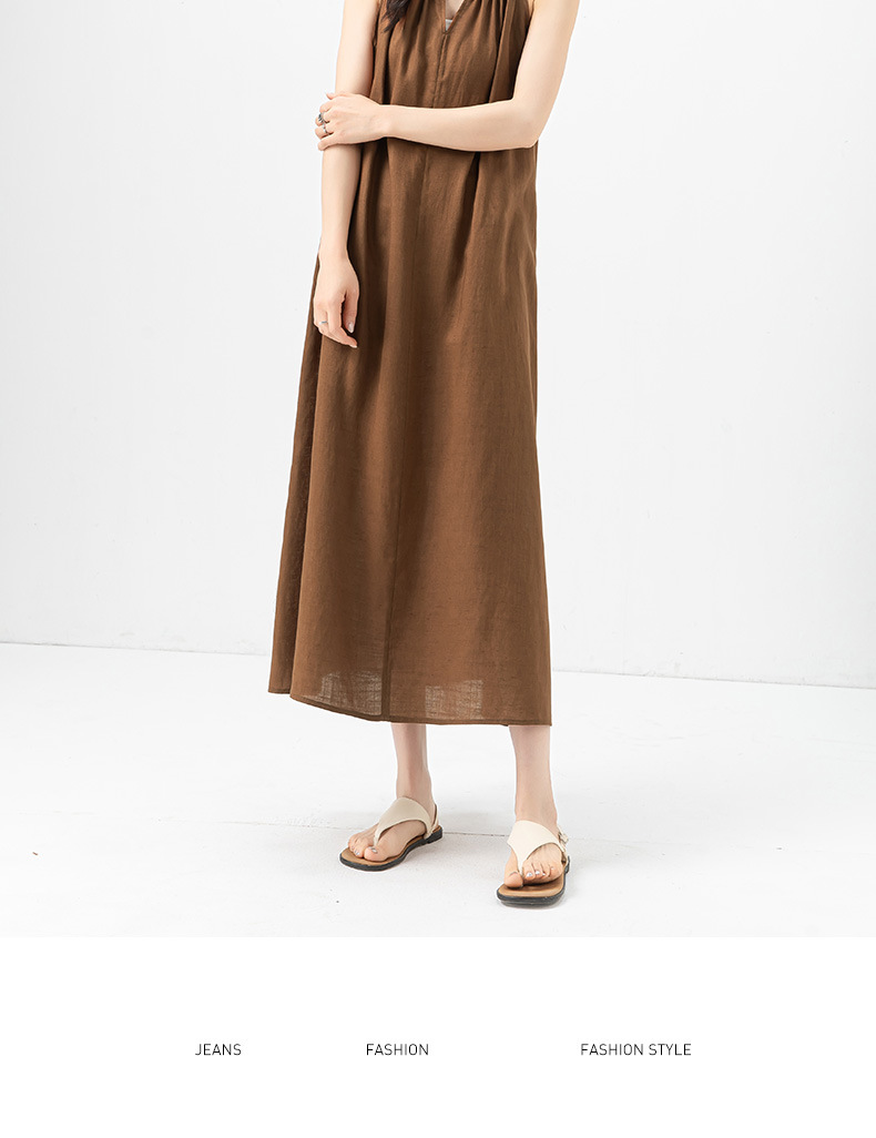 Váy maxi hai dây đính cườm phong cách nghỉ dưỡng, dáng chữ A rộng rãi, chất Tencel phối sợi gai mỏng mùa hè — Màu caramel chi tiết 18