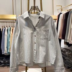 春季新款翻领条纹单排扣衬衫女春秋休闲显瘦短款棉质外搭上衣