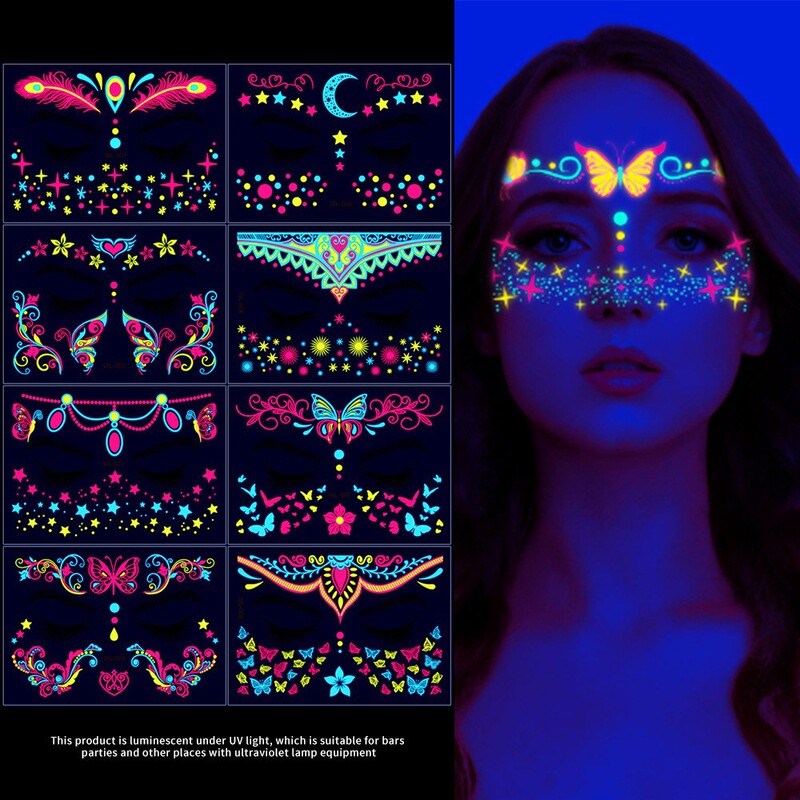 Cross-border 8 Pack Fluorescent Face Stickers Nightclub Masquerade Neon Bronzing Face Stickers Waterproof Music Festival Tattoo Stickers