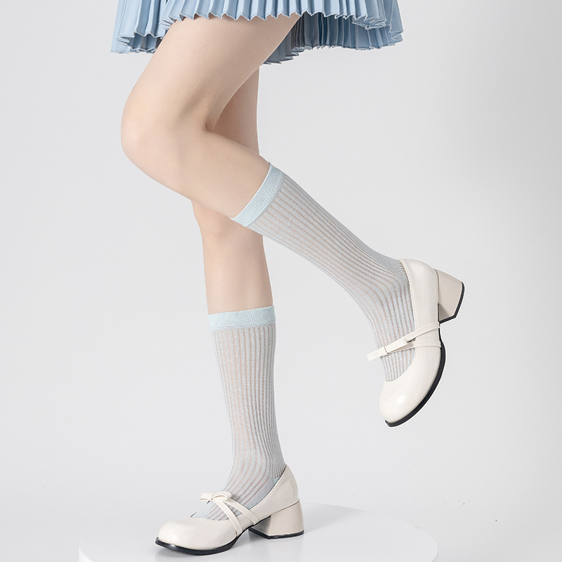 Zapatos y calcetines de ballet estilo Miu de algodón, calcetines finos de primavera y verano con rayas verticales que estilizan, calcetines largos de color puro estilo japonés para niñas.