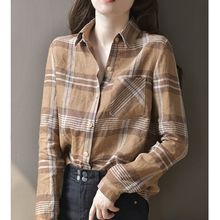 亚麻上衣格子衬衫女长袖春秋复古新款英伦风宽松时髦腔调衬衣