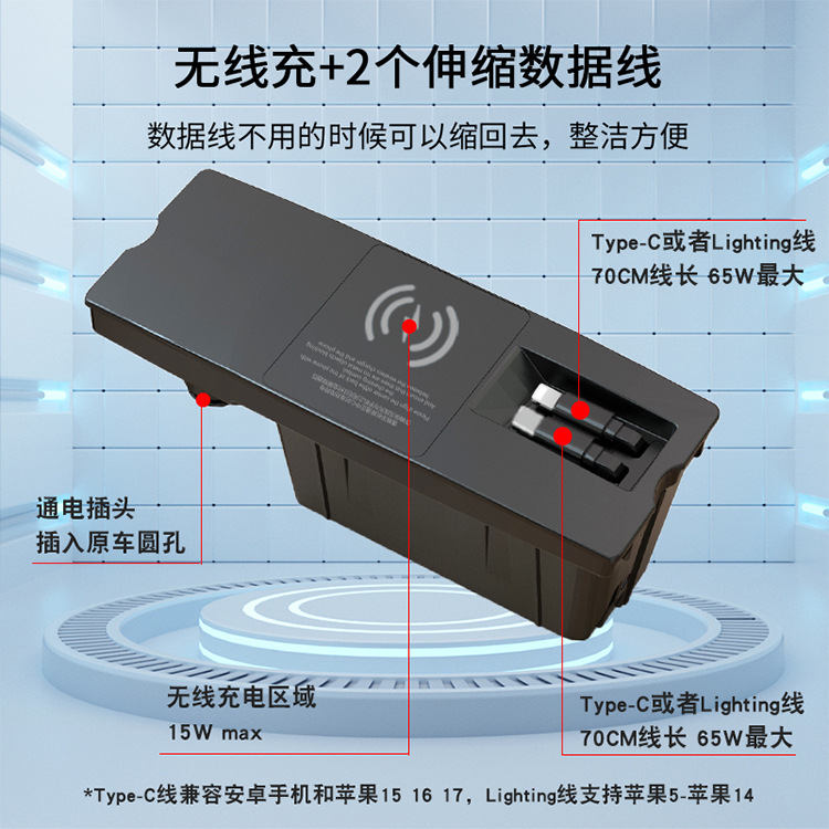 Suitable for Audi 12-18 A6L/A7 Wireless Car Charger 65W Retractable Cable Fast Charging Car Charger Cigarette Lighter