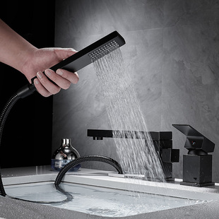 All-copper bathroom bathtub faucet side shower split three-hole three-piece black rotating hot and cold faucet