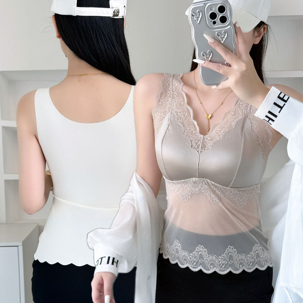 Southeast Asian export lingerie seamless satin spliced lace pure and alluring wide-shouldered base layer vest new sexy lace