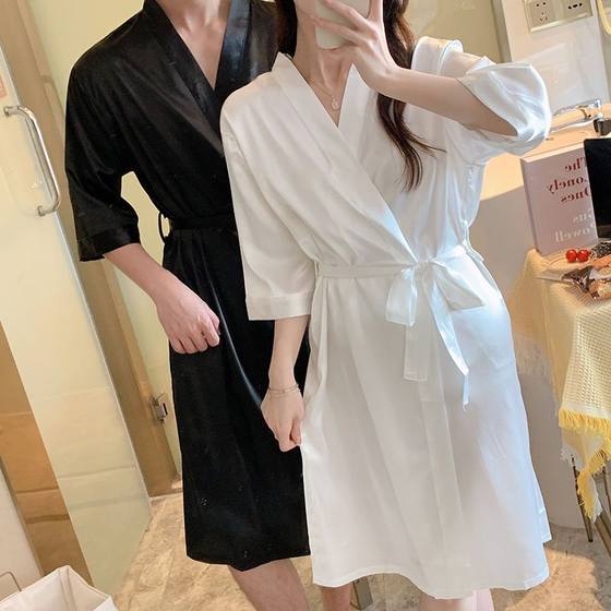 White Couple's Nightgown Women's Spring and Summer Ice Silk Lace-up Bathrobe Thin Hotel Style plus size for Men and Women's Home