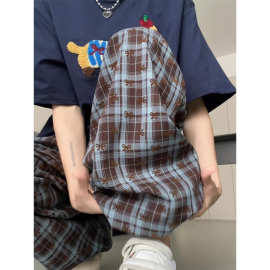 韩系复古格纹蝴蝶结印花阔腿休闲裤子女夏季2024薄款宽松直筒长裤