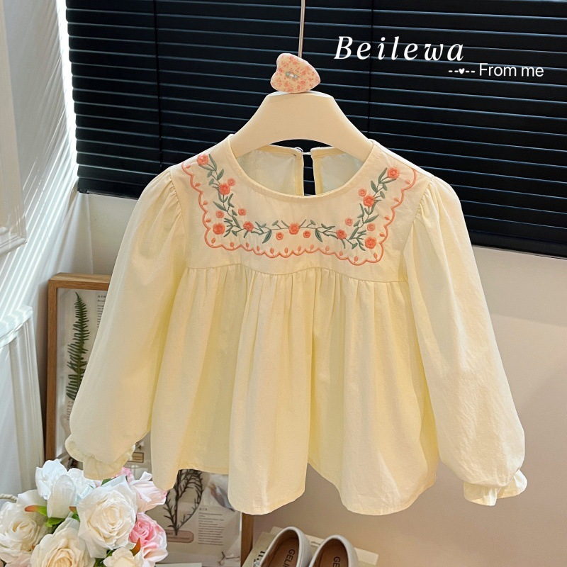 New Style Girls' Autumn Embroidered Floral Long-Sleeve Shirt, Korean-Style Children's Outerwear Shirt, Casual Children's Clothing