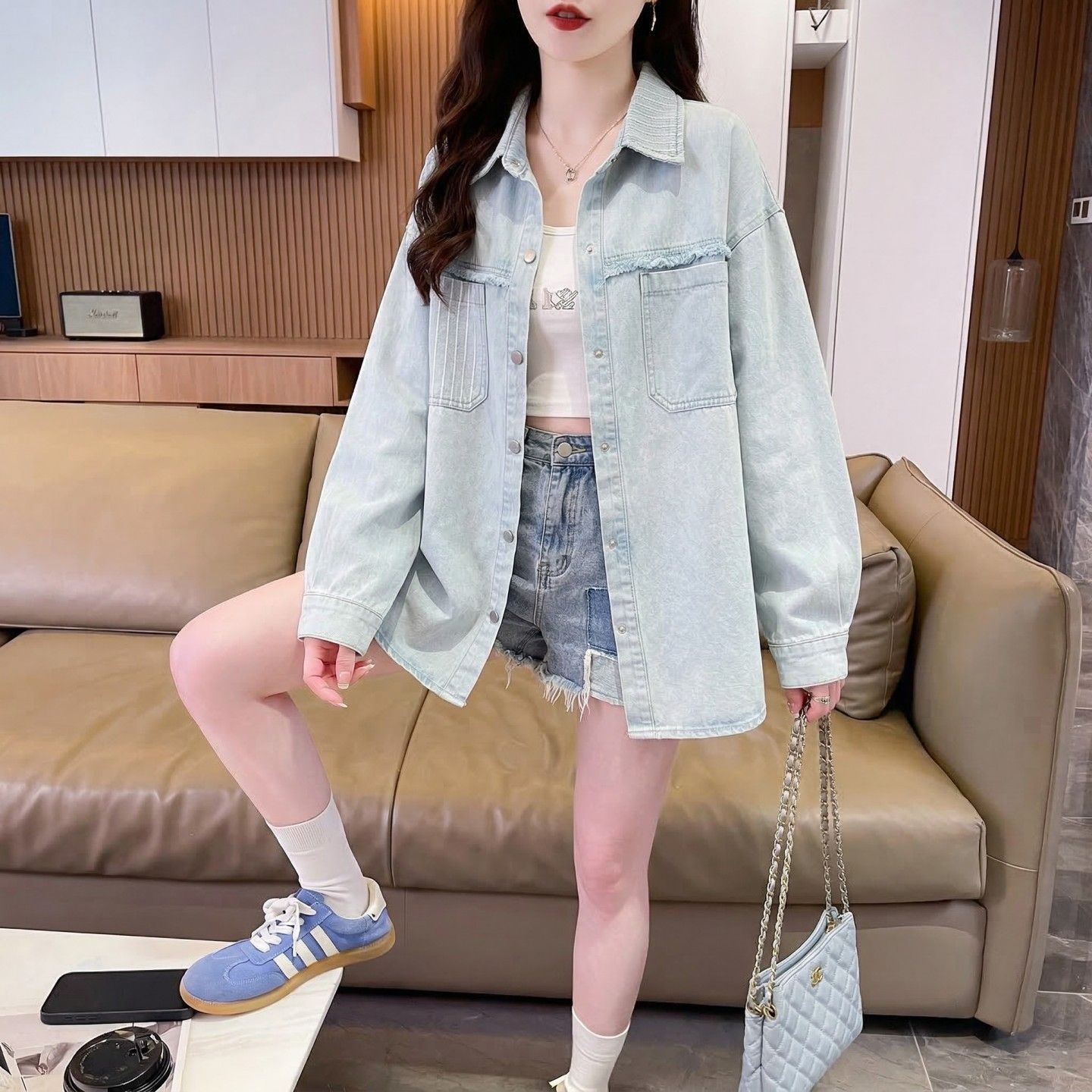 New Spring/Autumn Solid Color Hong Kong Style Retro Tassel Casual Commuter Denim Jacket Shirt for Women