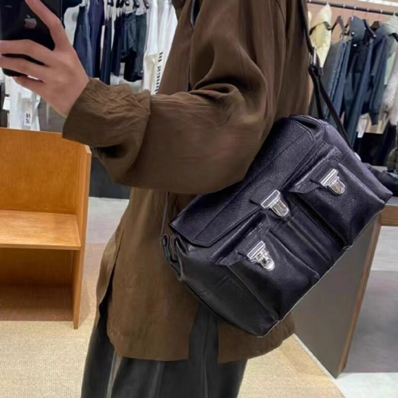 High-End Lemair*E Cross-Border Popular Vintage Motorcycle Messenger Bag, Niche High-End Multi-Pocket Genuine Leather Crossbody Bag