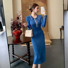 韩国 INS复古纯欲风POLO领长袖弹力修身显瘦撞色针织包臀连衣裙