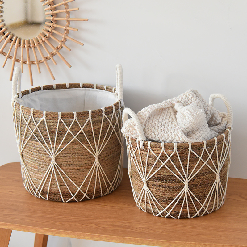 Cestas de almacenamiento de ropa sucia nórdica juguetes domésticos trenzando cestas de tela de paja con forro de tela canasta sucia decoración residencial