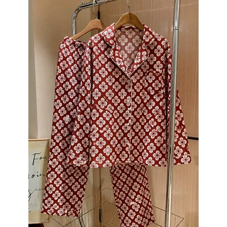 韩系高级感酒红花卉睡衣女春秋2026新款长袖长裤家居服套装可外穿