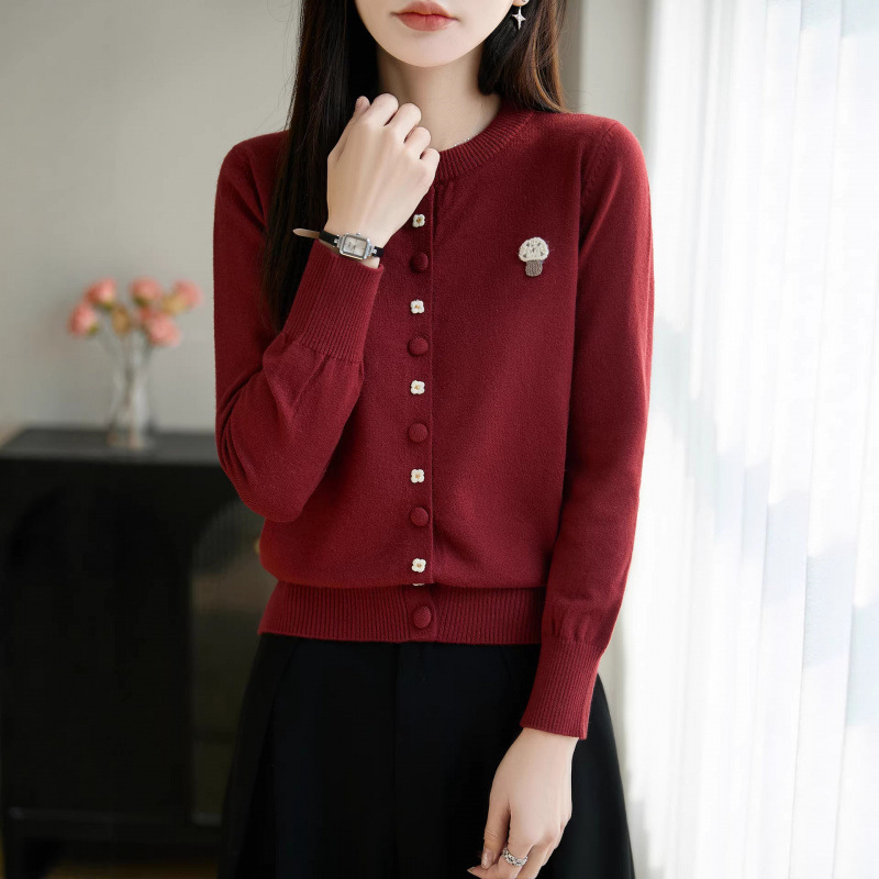 26 Spring and Autumn New Style Andy Velvet Round Neck Knitted Cardigan Long Sleeve Women's Embroidered Mushroom Design Top Jacket Trendy