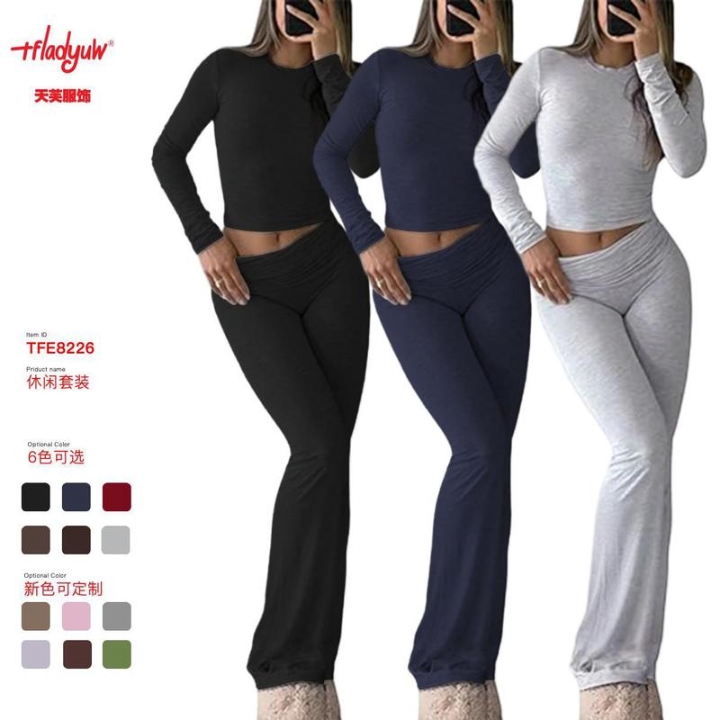 Wholesale Two-Piece Casual Workout Set for Women, Round Neck Long Sleeve, Low Waist Flared Pants, Sportswear Set Wholesale Two-Piece Casual Workout Set for Women, Round Neck Long Sleeve, Low Waist Flared Pants, Sportswear Set