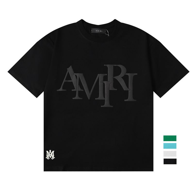 Cross-Border Export Beauty Amiri Letter Double Yarn Cotton Round Neck Casual Short-Sleeved Men's and Women's Large Size Pullover T-Shirt