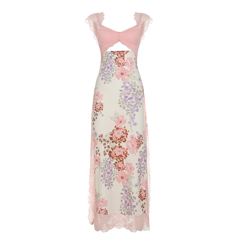 French- Sexy Lace Patchwork Printed Slim-fit Long Dress With Irregular Slit And Hollow-out Design, Summer Vacation_voghion.com