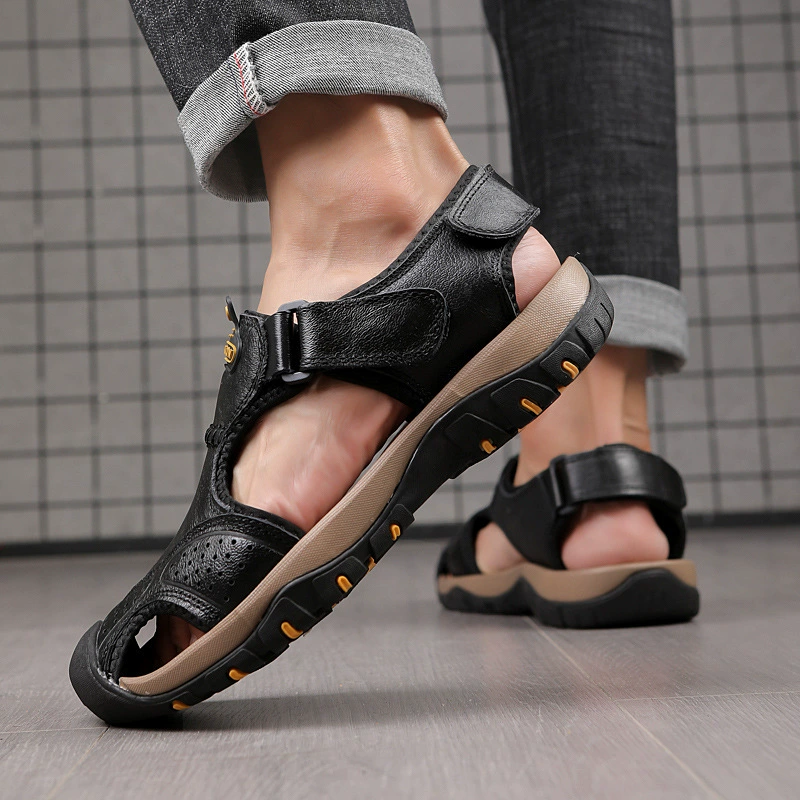 2025 новые трансграничные сандалии, мужские модные тапочки из натуральной кожи с носком, уличная спортивная повседневная обувь, дышащая мужская обувь, пляжная обувь