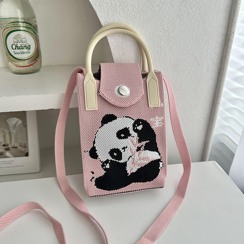Bolsa de tejido para móviles, caricatura de panda para mujeres, estilo coreano, bolso de hombro único, bolso de viaje, bolso de cambio, bolso pequeño