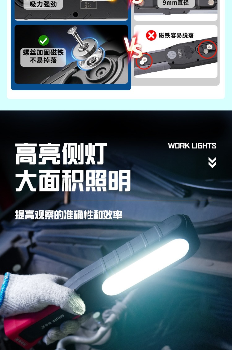 Suitable for Snave work lights, rechargeable for maintenance, with ultra-long battery life, COB multi-function, strong light for auto repair, magnetic LED