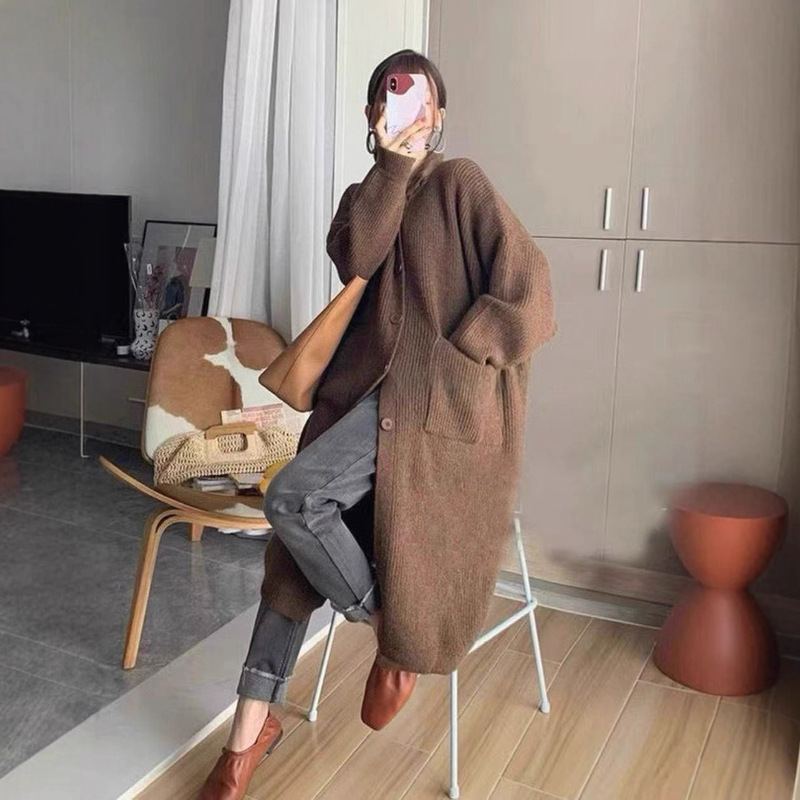 厚实软糯慵懒风粗针毛衣开衫女设计感小众高领中长款针织大外套|undefined