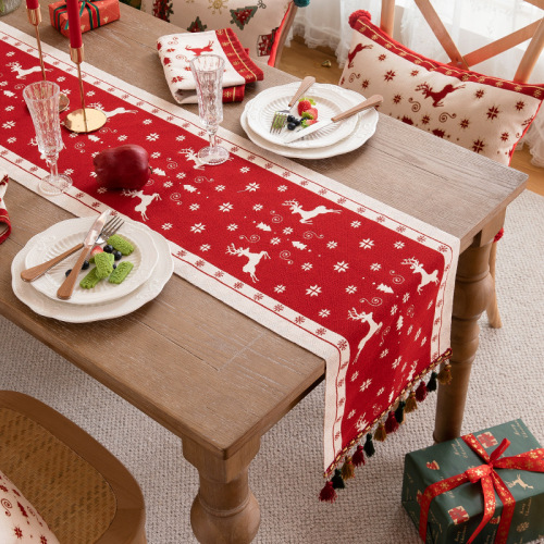 Amazon New Red Christmas Table Banner Color-woven Christmas Tree Festival Bedspread Flag Cabinet Coffee Table Cover