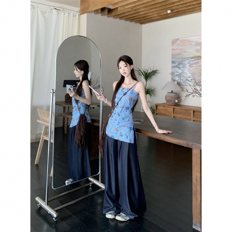 复古设计感套装女夏季2025新款花朵刺绣吊带背心阔腿休闲裤两件套|undefined