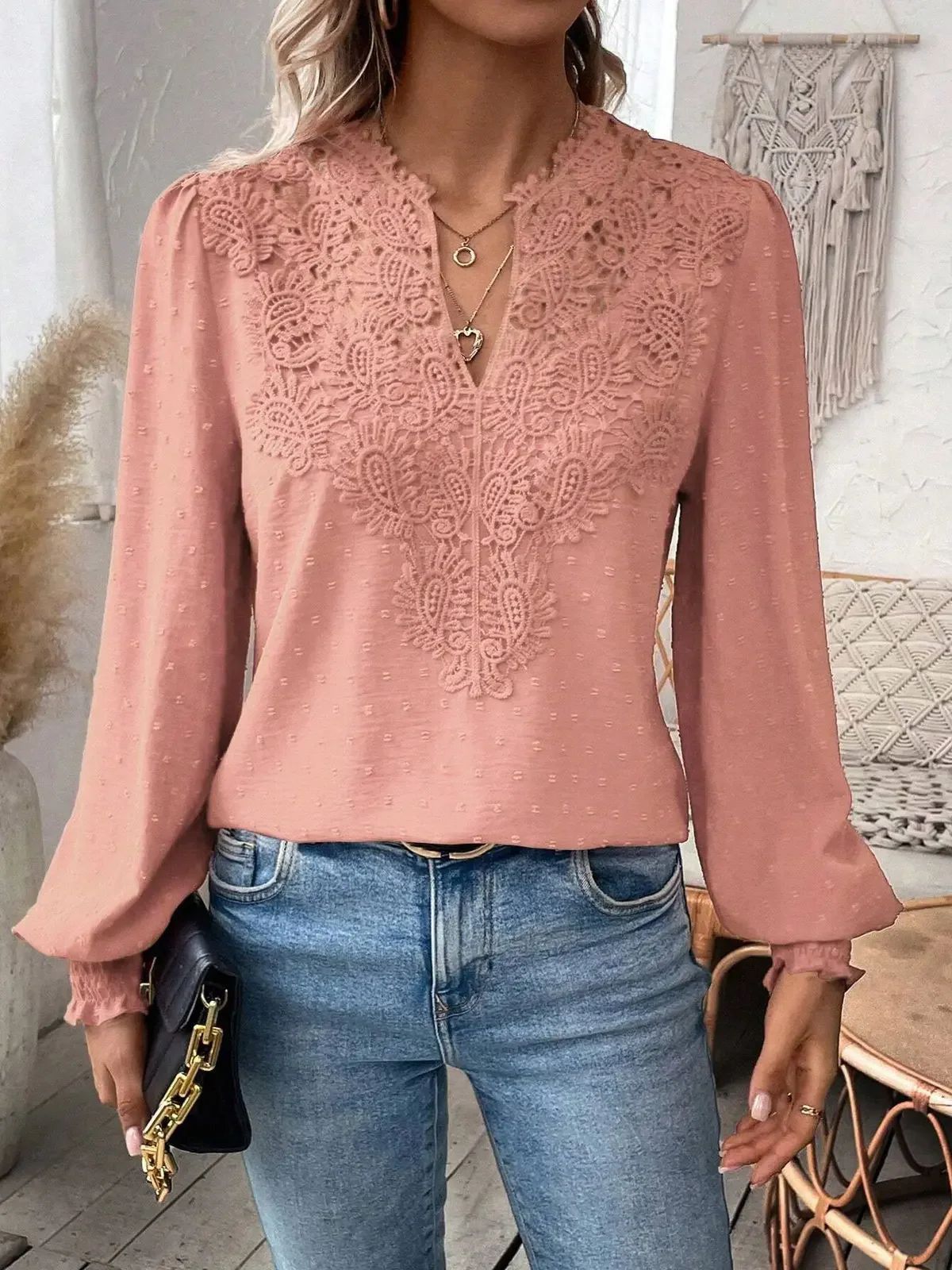 Women's New V-neck Lace Patchwork Long Sleeved Casual Shirt Women's Top_voghion.com