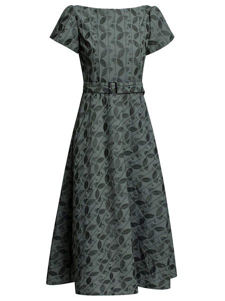Zhili Summer One line Neck Dress, Light Mature Luxury and Elegant Charm Belt, Waistband, Leaf Embroidery, A-line Large S