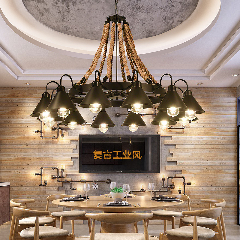 Industrial Style Chandelier Creative Restaurant Bar Retro Bar Clothing Hot Pot Beauty Barber Shop Iron Distinctive Hemp Rope Lamp