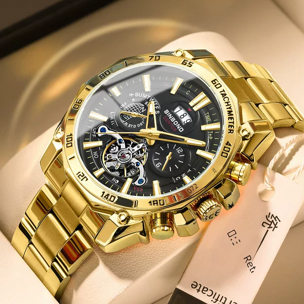 Binbond Luminous Trendyy Student Watch Men's Tourbillon Gift Steel Band Three-Eye Six-Pin Decorative Watch