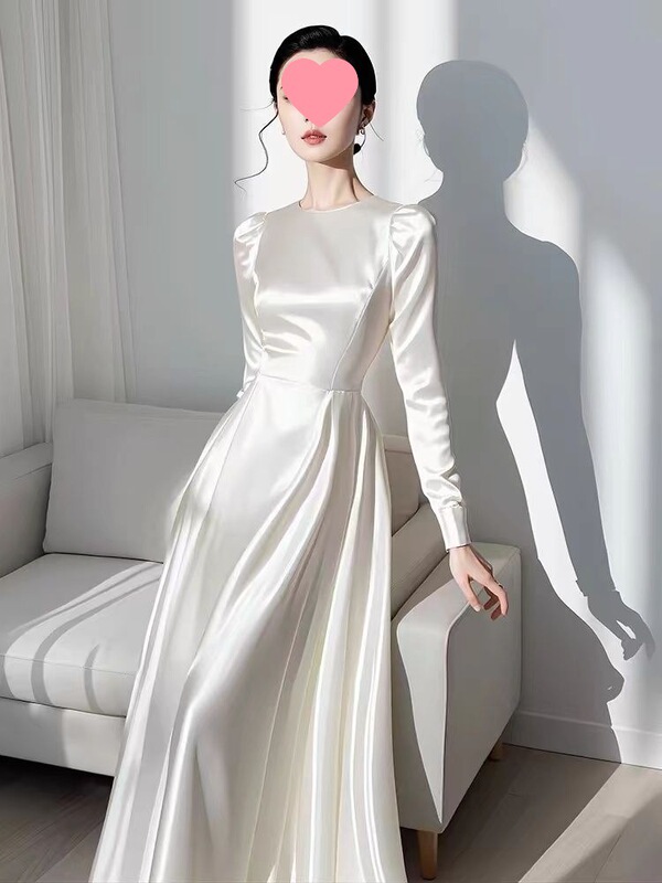 Formal Occasion White Long-Sleeved Satin Dress for Women in Autumn Beautiful French Waist Long Skirt Summer