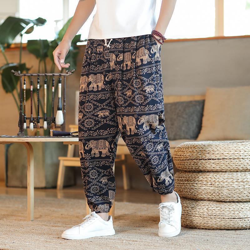 Pantalones tailandeses de flores de anacardo para hombres, pantalones de nueve puntos anchos de lino de estilo chino fino de verano, pantalones de chándal de pies sueltos, marea
