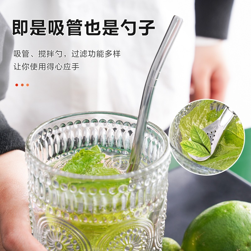 Cucharas de paja de acero inoxidable transfronterizas, cucharas de café, cucharas de paja de doble propósito, cucharas de cepillo de cepillo de cepillo de cepillo de leche, cucharas de té de jugo de fruta, cucharas de té de mate