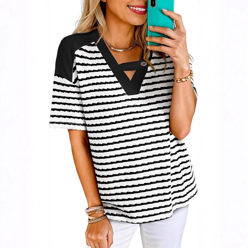 Amazon 2026 Independent Platform European and American Cross-Border Women's Short-Sleeve V-Neck Striped Color-Block T-Shirt Shirt with a Sense of Design for Layering Amazon 2026 Independent Platform European and American Cross-Border Women's Short-Sleeve V-Neck Striped Color-Block T-Shirt Shirt with a Sense of Design for Layering