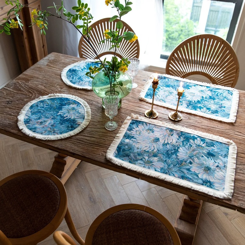 タンポポの花の油絵風テーブルマット、軽い高級感、断熱性と火傷防止性の綿と麻の洋食マット、厚みのあるティーコースター|undefined