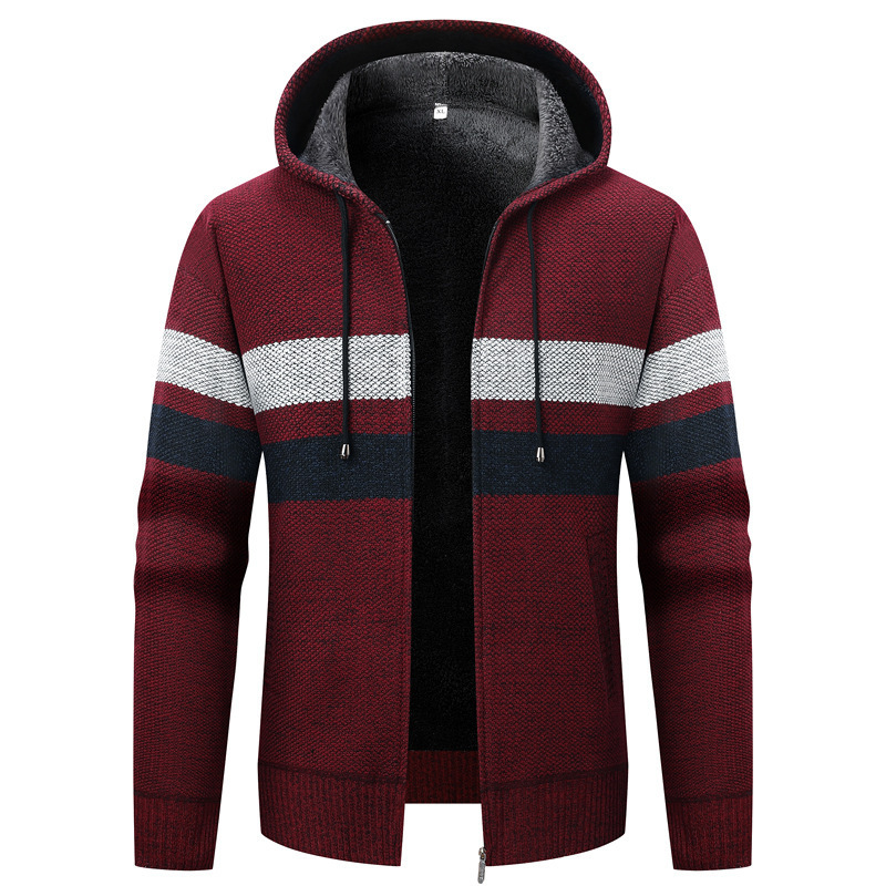 Men's Autumn and Winter fleece-lined Thickened Sweater Cardigan plus size Foreign Trade Striped Coat Slim-fit Trendy Hat Warm Sweater