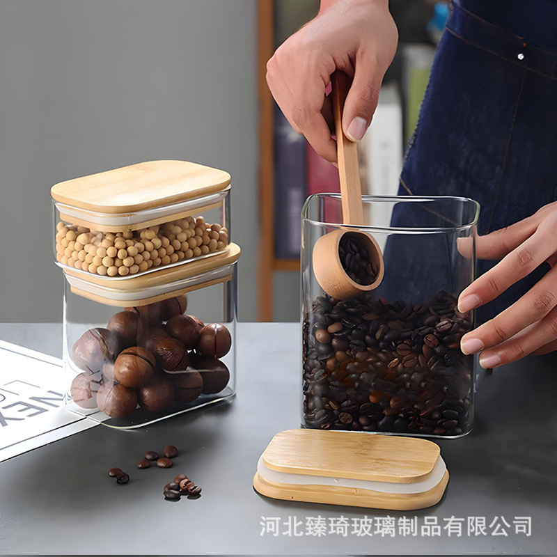 Tanque sellado de vidrio Tanque de almacenamiento cuadrado de vidrio con alto contenido de borosilicato Tanque de almacenamiento de vidrio transparente transfronterizo de granos integrales de cocina