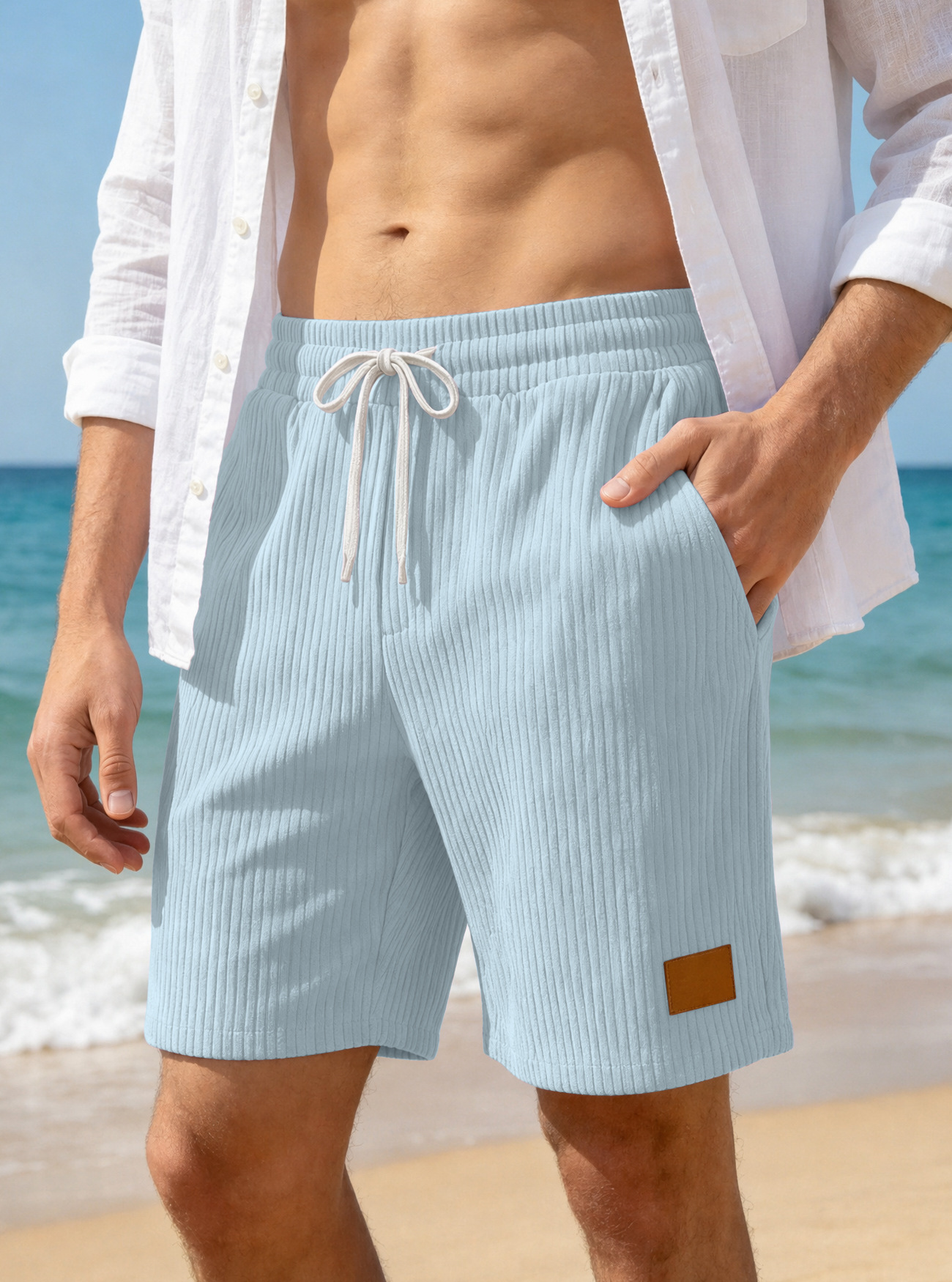 Europa y los Estados Unidos transfronterizos Amazon nuevo hombre retro bordado lámpara de cuero velcro cordón de moda pantalones cortos casuales estadounidenses