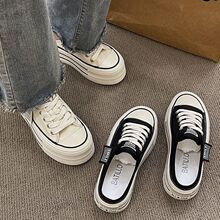 2025夏新款厚底增高拖鞋潮流百搭懒人一脚蹬半拖时尚休闲帆布鞋女