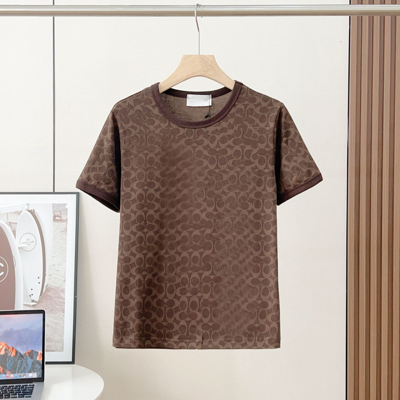 Koujia Brown All-Over Print Vintage T-Shirt 2026S New Pure Cotton Round Neck Slim Fit Fashionable Versatile Ch Short-Sleeve Women's Top