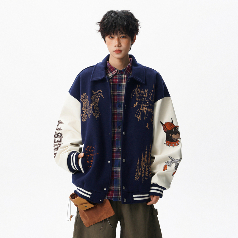 Wukong Has American-Style Heavy Embroidery Patchwork Color-Blocking Baseball Jacket for Men, Trendy High Street Couple's Turn-Down Collar Jacket