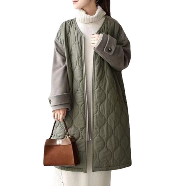 现货2025跨境秋冬热卖新款棉服女拼接毛呢宽松棉衣|undefined