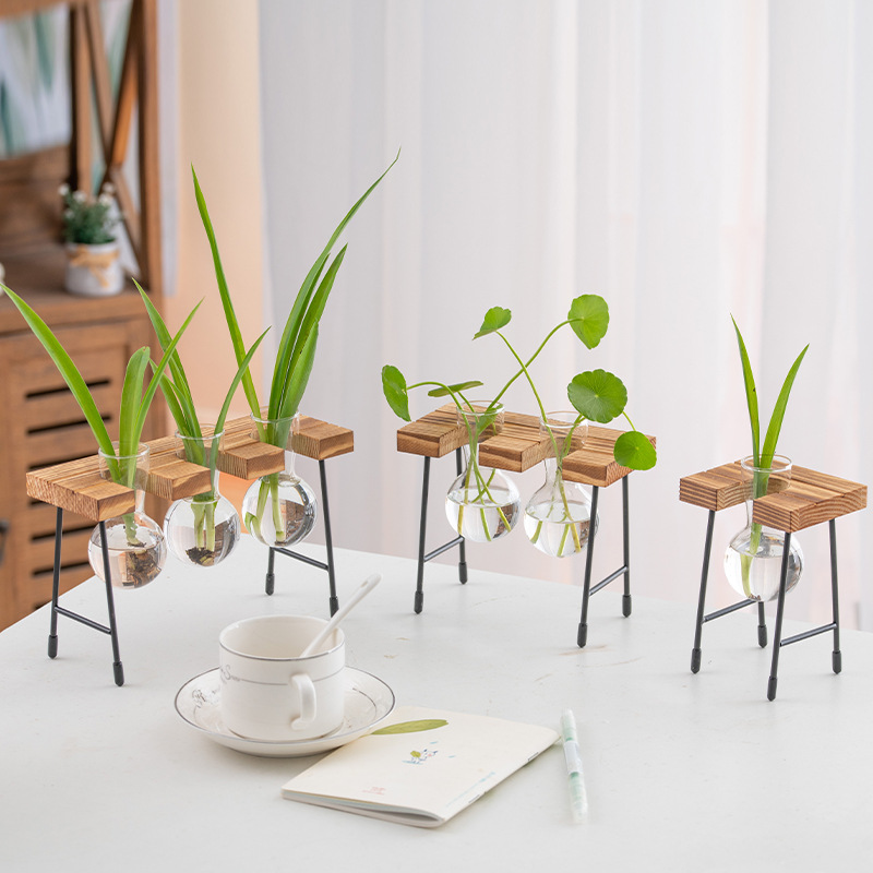 Creative small bench wooden frame glass vase hydroponic pothos plant…