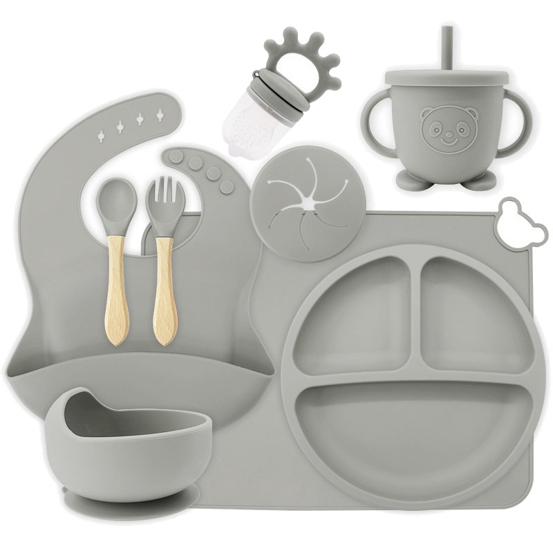 Juego de vajilla de silicona de una pieza, juego de diez piezas, plato de alimentación complementaria para bebés de seis meses, tazón de alimentación independiente para bebés