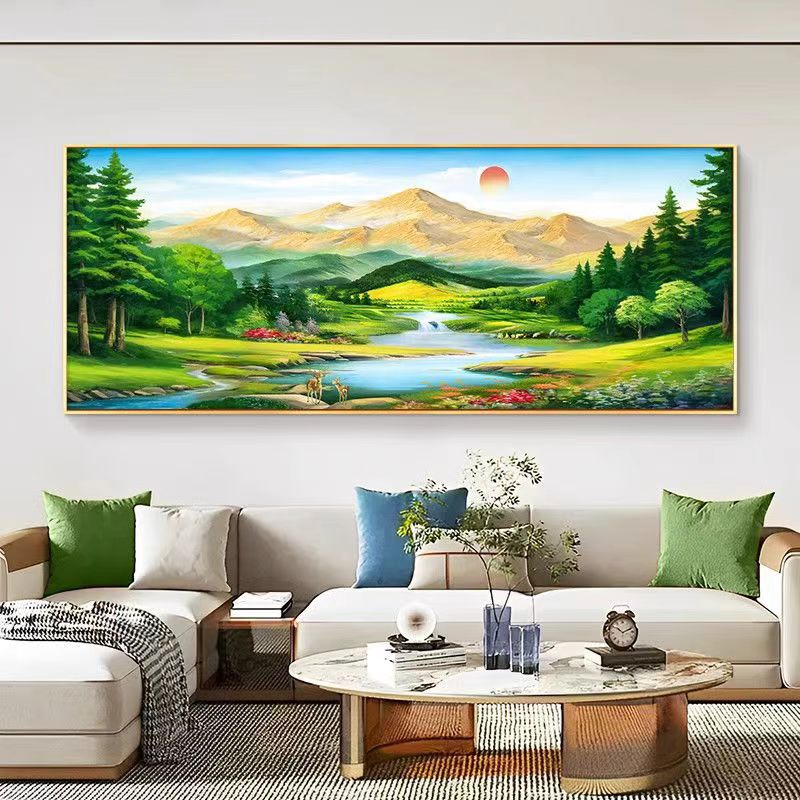 日出客厅沙发背景墙装饰画东墙青山旭日升靠山背有挂画聚宝盆东方