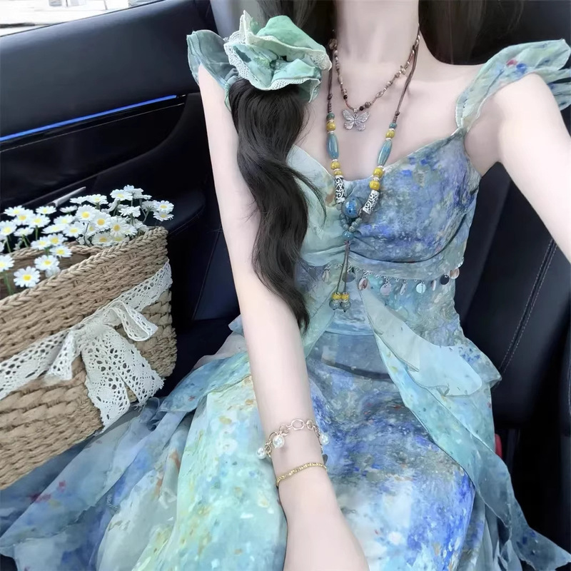 Beach Vacation Style Printed Flutter Sleeve Spaghetti Strap Dress for Women, 2026 Summer New Style, Waist-Cinching Fairy Long Dress