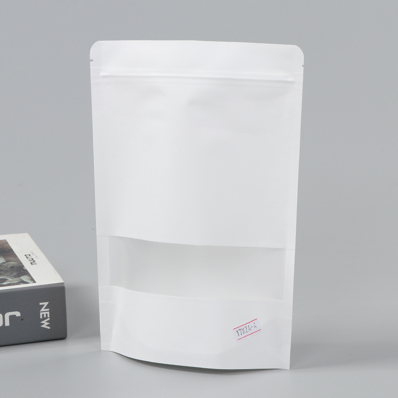 Spot bolsa de papel kraft con ventana transparente bolsa de embalaje de alimentos autosellada autoportante bolsa de té sellada de ocho lados fácil de rasgar